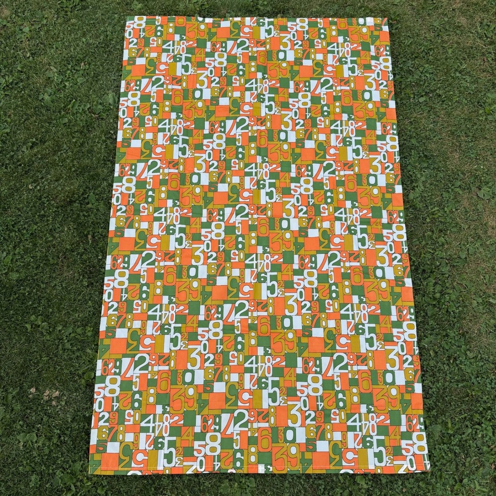 Vintage Fabric Panel 73x46 Orange Green Retro Mid Century Numbers Print